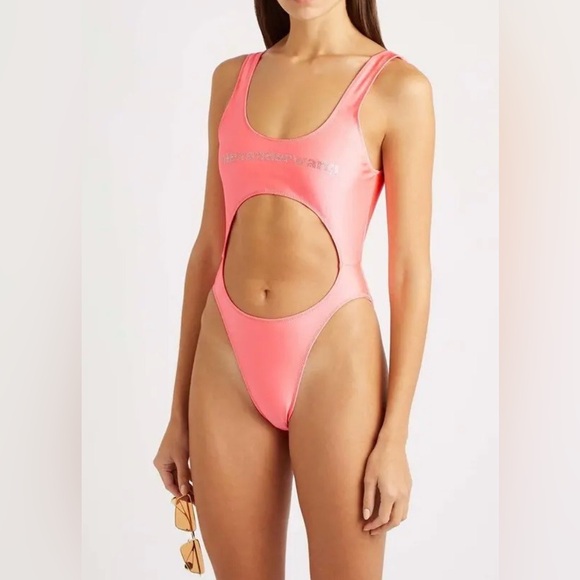 NWT Alexander Wang Rhinestone Logo Cutout Swimsuit Neon Pink One Piece Size S - Picture 3 of 10